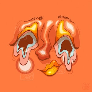 Digital Print, Weird Portrait Art, Psychedelic Strange Orange Face
