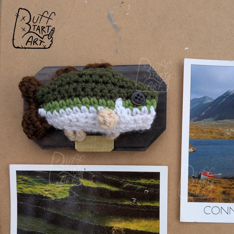 Op de afbeelding: Een handgemaakte gehaakte vis gemonteerd op een donkere houten plaat. De vis heeft groen, wit en bruin garen, met een knoopoog en bruine vinnen. Het kunstwerk wordt getoond met twee landschapsfoto's.