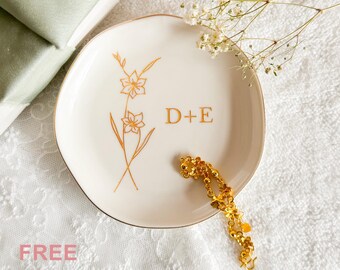 Engraved Birth Flower Ring Dish: Personalized Ceramic Jewelry Tray, Custom Wedding or Engagement Gift