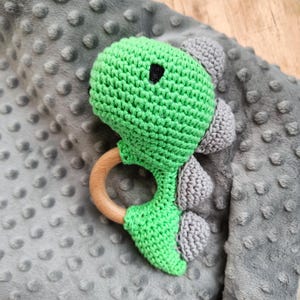 赤ちゃん用ラトル 噛む恐竜 グリーン 手作りニットコットン
