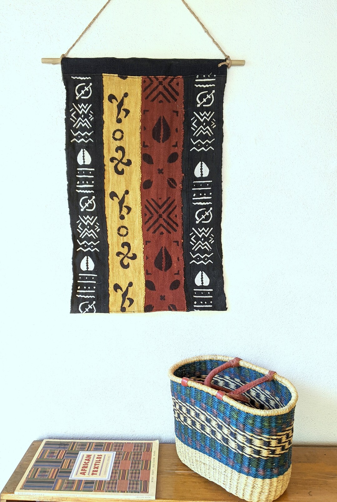 Panneau Mural Tissé Africain Vintage - Rotin Géométrique 20x22 - Art Tribal