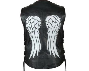 Läderväst i bikerstil med vingar baktill | Justerbar motorcykelväst med snörning | Personlig present till män och kvinnor