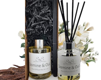 Jasmin & Oud doftspridare – 115 ml olja, 20 cm pinnar | Handgjord långvarig hemdoft
