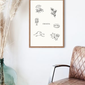 Croatia Beach Art Print, Coastal Decor, Mediterranean Sea Illustration, Digital Download Wall Art