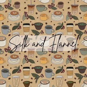Coffee Cup Fall Seamless Pattern Hand Drawn PNG Download Digital Paper Sublimation Fabric Surface Design Coffee Bean Autumn Flower