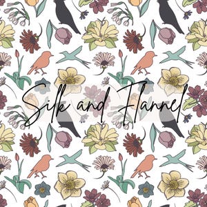 Floral Bird White Spring Seamless Pattern Hand Drawn PNG Download Digital Paper Sublimation Fabric Surface Design Flowers Birds Wallpaper
