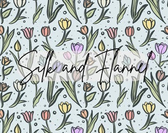 May include: A seamless pattern featuring colourful tulips on a light blue background. The tulips are drawn in a simple, hand-drawn style with black outlines. The pattern is perfect for fabric, wallpaper, or other creative projects.