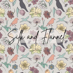 Floral Bird Spring Seamless Pattern Hand Drawn PNG Download Digital Paper Sublimation Fabric Surface Design Flowers Birds Wallpaper