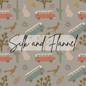 May include: A seamless pattern featuring a light brown background with various desert-themed illustrations, including a blue and white vintage van, a red vintage van, a cactus, a Joshua tree, a roadrunner, a rabbit, and a coffee mug. The text "Silk and Flannel" is written in cursive across the centre of the pattern.