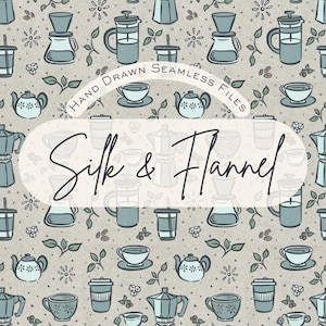 Coffee Tea Teapot Espresso Blue Neutral Print Fabric Seamless Pattern Hand Drawn PNG Download Digital Paper Sublimation Design Cup Pot Steep