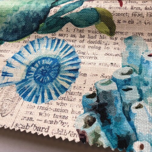 FREE US SHIP 54" Wide Nautical Tropical Coral Pattern Shells Sea Creatures Newspaper Aqua Green Teal Royal Blue Upholstery Drapery Il10