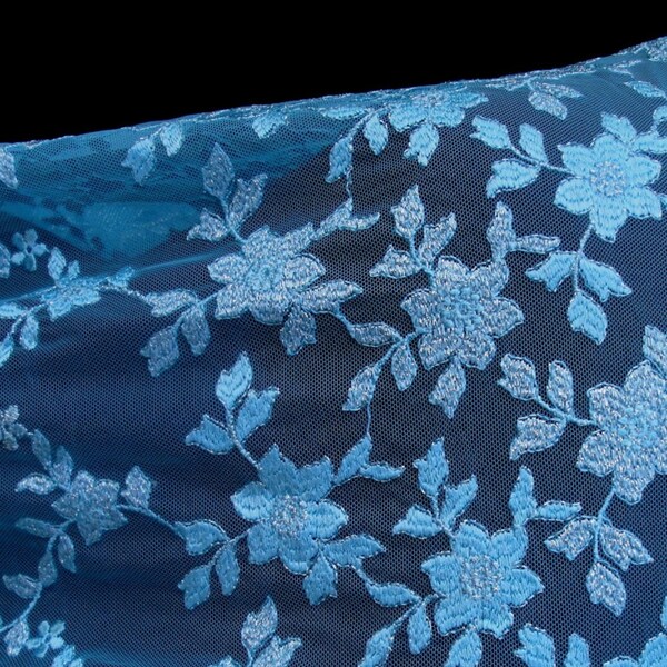 58" breit Stretch Himmel blau Nylon Tüll Spitze Blumenmuster silberner Stickerei Perlen Pailletten Brautjungfer Kleid Hochzeit Braut 3 JM37