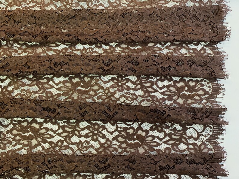 37 Wide Chocolate Brown Floral Chantilly Scalloped Eyelash Lace Fabric