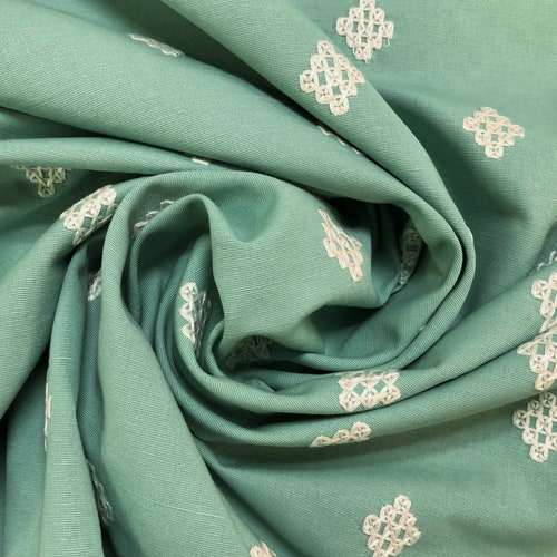 0.6!Yard Thibaut Zambia Embroidery Aqua Ivory buy Cream Geometric Ethnic Tribal Cotton Drapery Fabric WHS1777