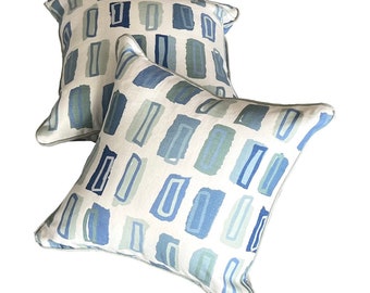 18” X 18” Blithfield & Company Hudson Blue Green Ivory Abstract Geometric Pillow Covers - a Pair