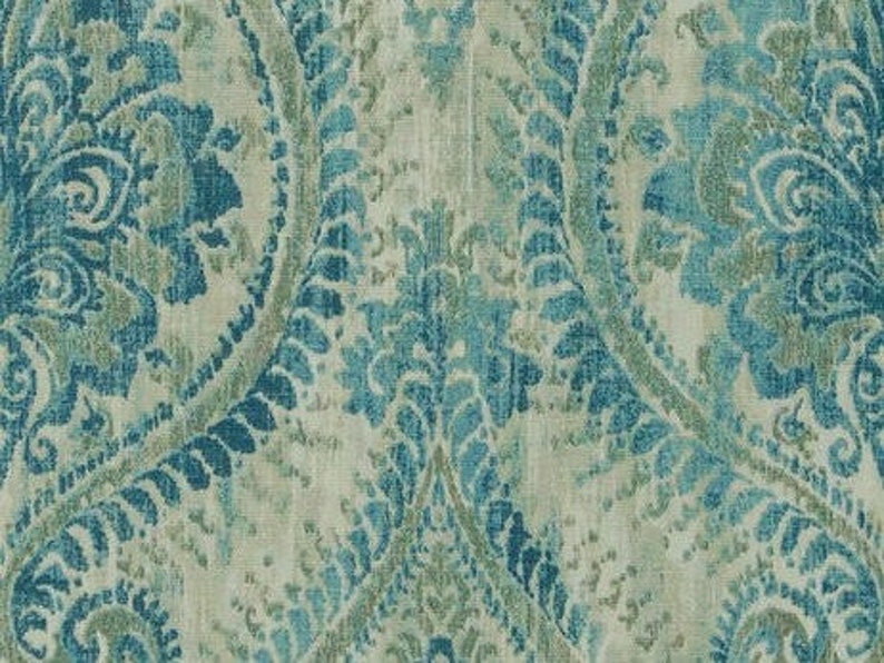 Cotton Ivory Teal Sage Green Medallion Upholstery Drapery Etsy
