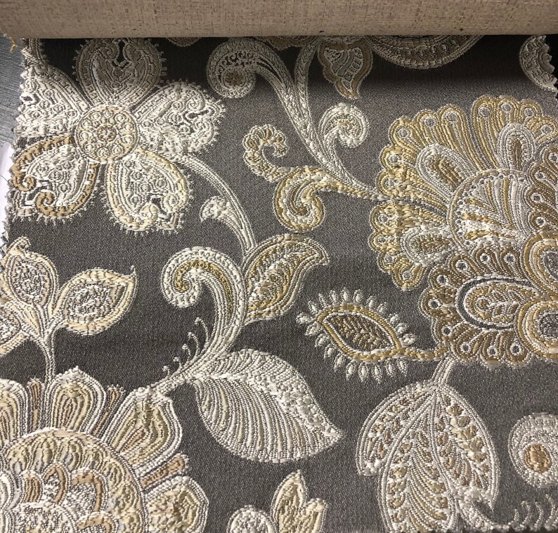 Gray Gold Damask Brocade Upholstery Drapery Pillow Fabric Etsy