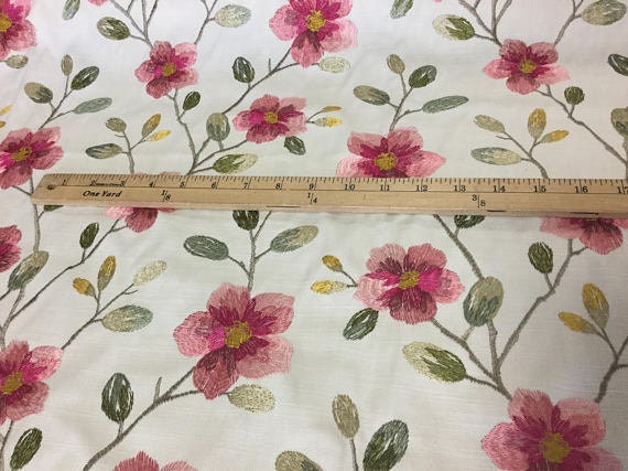 55 Wide Off White Embroidered Linen Floral Fabric Rusty | Etsy