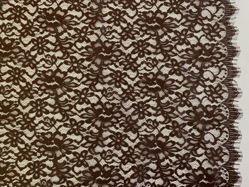 37 Wide Chocolate Brown Floral Chantilly Scalloped Eyelash Lace Fabric