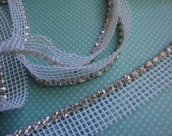 Breathtaking sparking crystal rhinestone 3/8" (9.5mm) trim white netting edge by the yard white mesh (Made IN CZECH REPUBLIC )