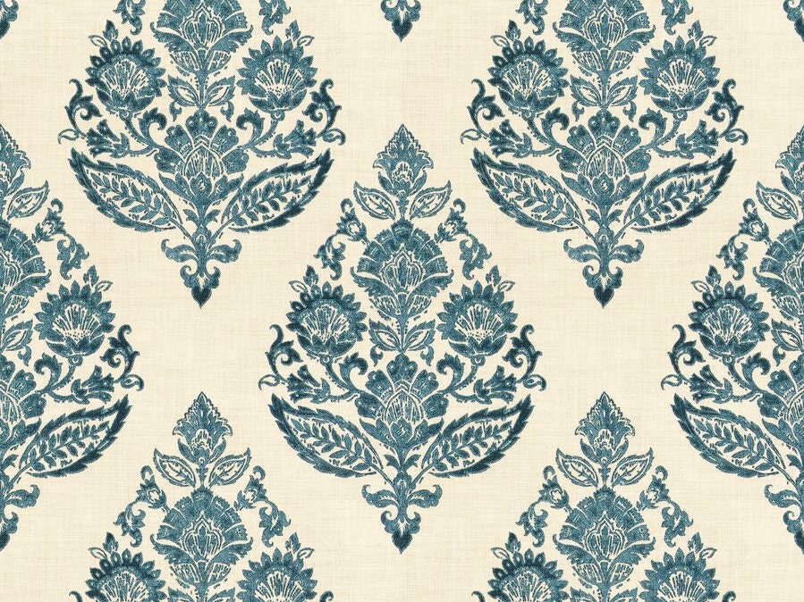Stain Resistant Navy Blue Beige Grey Aqua Floral Damask Print | Etsy
