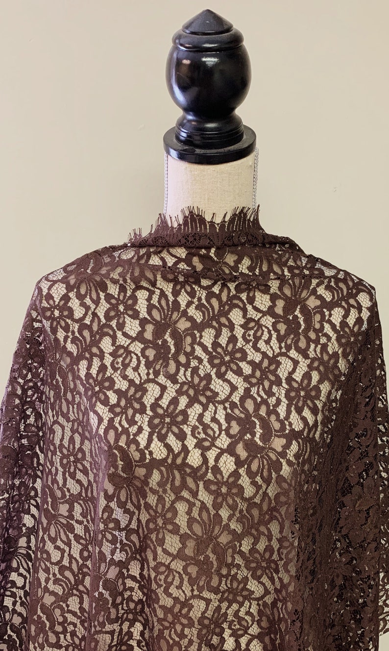 37 Wide Chocolate Brown Floral Chantilly Scalloped Eyelash Lace Fabric