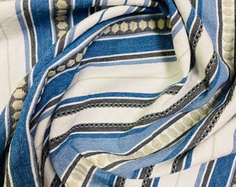Designer Cotton Off White Grey Blue Embroidered Nautical Stripe Upholstery Drapery Fabric STA 3433