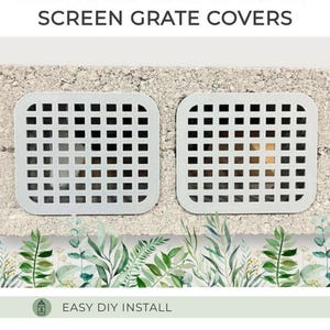 May include: Two white, square fine mesh cinder block screen grate covers are displayed on a gray cinder block. The text "FINE MESH CINDER BLOCK SCREEN GRATE COVERS" is at the top. Additional text includes "EASY DIY INSTALL" and "WEATHER RESISTANT".