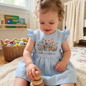 May include: A light blue dress with ruffled sleeves, featuring an embroidered colorful wildflower bouquet on the chest and the text "little wildflower" in cursive script. The garment has a gathered waist and a simple, rounded neckline.