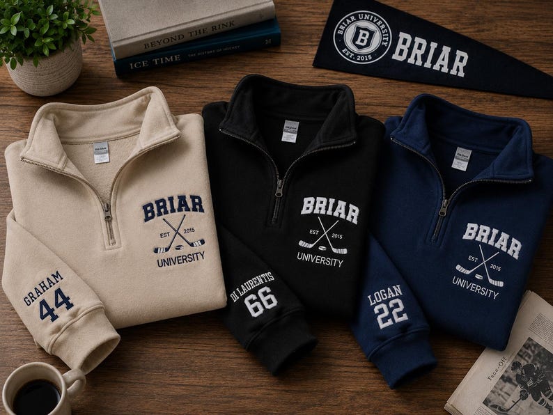 May include: Three quarter-zip sweatshirts in beige, black, and navy blue, each embroidered with "Briar University" and crossed hockey sticks. The beige sweatshirt has "Graham 44" on the sleeve, black has "Di Laurentis 66", and navy has "Logan 22". A Briar pennant is also visible.