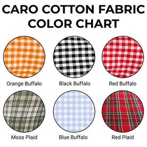 May include: A Caro Cotton Fabric Color Chart featuring six circular swatches of patterned fabric. The patterns include orange, black, red, and blue buffalo check, as well as moss plaid and red plaid. Each swatch is labeled with its color name.