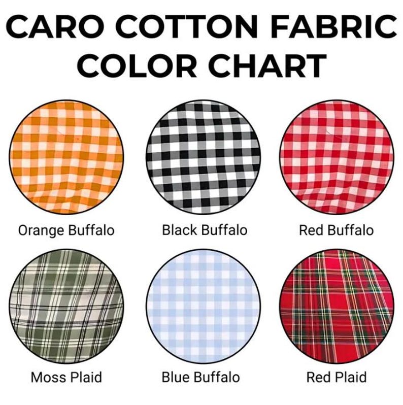 May include: A Caro Cotton Fabric Color Chart featuring six circular swatches of patterned fabric. The patterns include orange, black, red, and blue buffalo check, as well as moss plaid and red plaid. Each swatch is labeled with its color name.