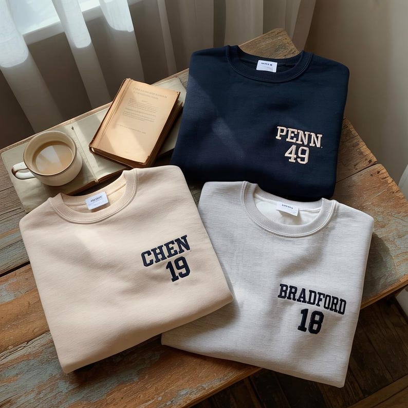 Pu&ograve; includere: Tre felpe girocollo piegate in beige, blu navy e grigio chiaro. Ogni felpa ha un nome e un numero ricamati sul davanti: "CHEN 19", "PENN 49" e "BRADFORD 18". Un libro e una tazza di caff&egrave; sono sullo sfondo.