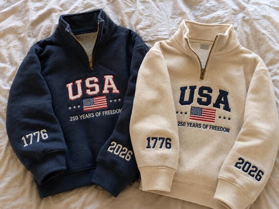 Embroidered USA Quarter Zip Sweatshirt, Retro USA With Flag Shirt