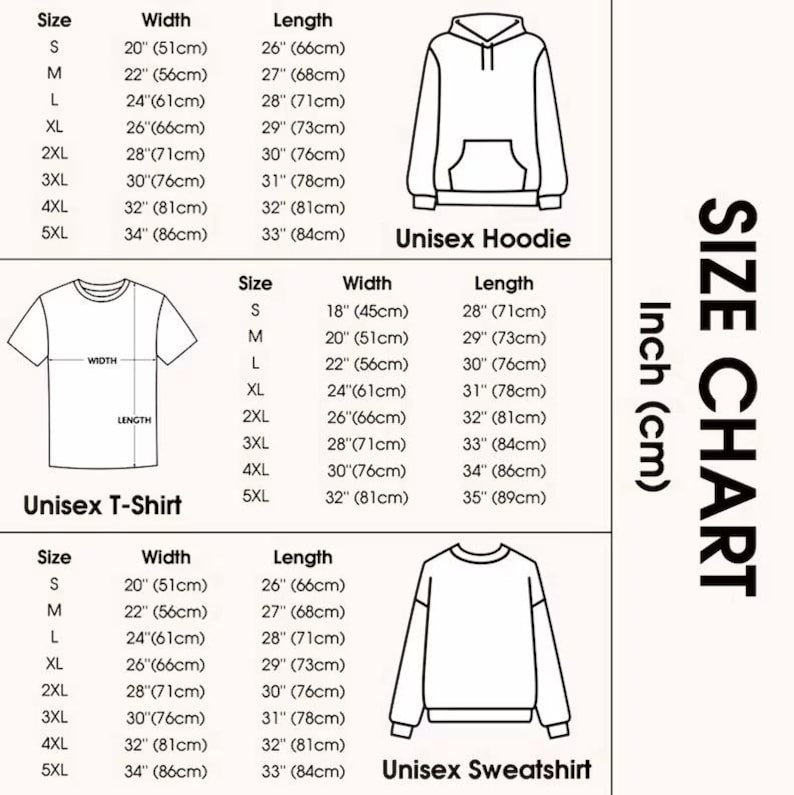 Pu&ograve; includere: Tabella delle taglie per felpe con cappuccio, t-shirt e felpe unisex. Include misure in pollici e centimetri per le taglie S-5XL. La tabella mostra le dimensioni di larghezza e lunghezza.