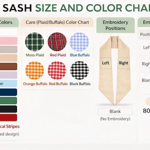 May include: A sash size and color chart displaying linen sash colors including white, pink, gray, sand, brown, purple, light blue, navy, moss, black, red, and red vertical stripes. It shows plaid and buffalo patterns, embroidery positions, and sizes.