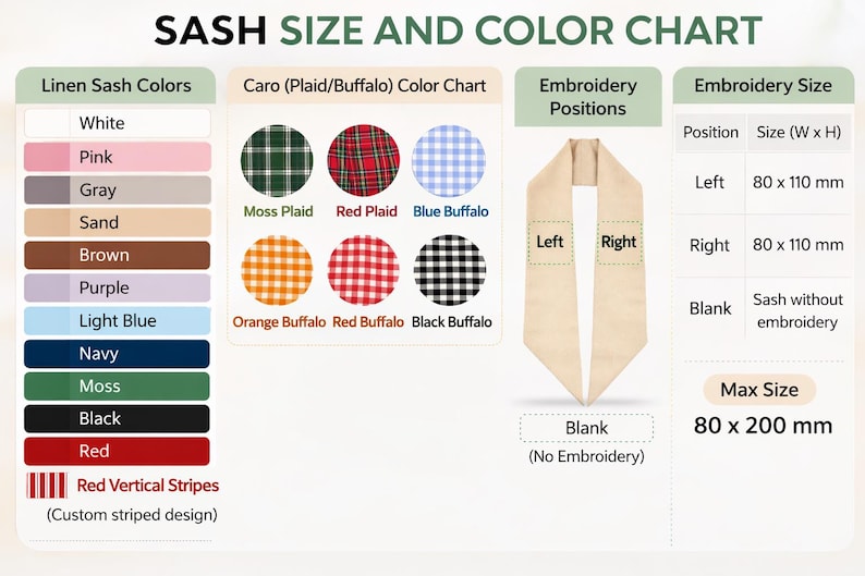 May include: A sash size and color chart displaying linen sash colors including white, pink, gray, sand, brown, purple, light blue, navy, moss, black, red, and red vertical stripes. It shows plaid and buffalo patterns, embroidery positions, and sizes.