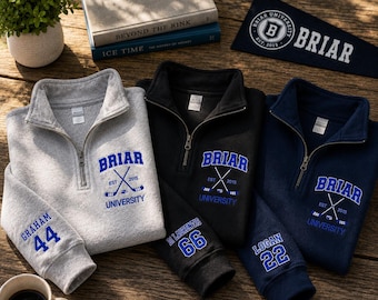 Embroidered Briar University Custom  Quater Zip Sweatshirt, Campus Hockey Romance Hoodie – Bookish Gift Graham 44 Logan 62 DI Laurentis 66