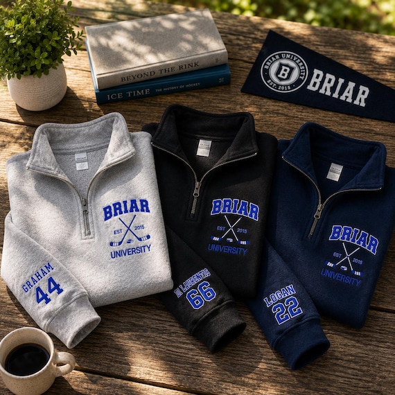 Embroidered Briar University Custom  Quater Zip Sweatshirt, Campus Hockey Romance Hoodie – Bookish Gift Graham 44 Logan 62 DI Laurentis 66