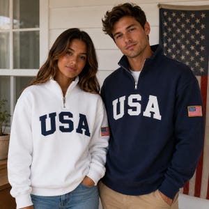 Sudadera con cremallera de un cuarto de EE. UU. bordada, camiseta retro con bandera de EE. UU., orgullo estadounidense, regalo del semiquincentenario