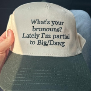 Puede incluir: Gorra de béisbol beige y verde oscuro con el texto "What's your pronouns? Lately I'm partial to Big/Dawg" en negro. La gorra tiene una visera curva y una corona estructurada, adecuada para uso casual.
