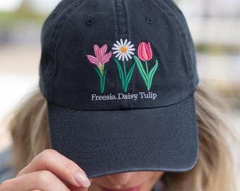 Embroidered Floral Distressed Dad Hat, Freesia Daisy Tulip