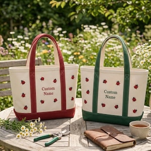 Sac fourre-tout personnalisé brodé coccinelles, fourre-tout en toile coccinelle, sac livre insectes, cadeau pour amoureux de la nature, fourre-tout en toile insecte Cottagecore, scarabée