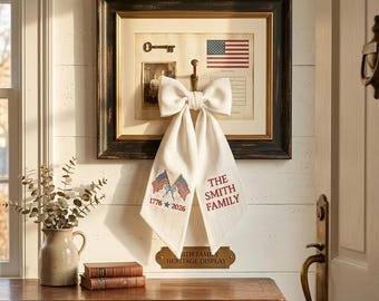 Faja de corona con bandera de EE. UU. personalizada y bordada, lazo para puerta de entrada de tela veraniega, decoración de puerta de seersucker con monograma personalizado, decoración navideña