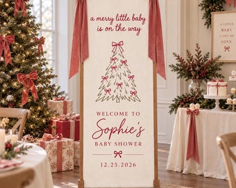 Personalized Christmas Tree Baby Shower Linen Banner, A Merry Little Baby Shower Sign, Personalized Baby Shower , Christmas Tree Winter