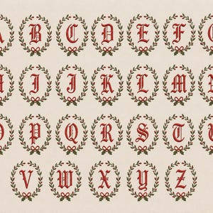May include: A collection of twenty-six embroidered letters from A to Z, each rendered in a red gothic font and centered within a circular wreath of green holly leaves and small red berries, tied at the bottom with a small red bow.