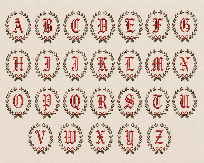 May include: A collection of twenty-six embroidered letters from A to Z, each rendered in a red gothic font and centered within a circular wreath of green holly leaves and small red berries, tied at the bottom with a small red bow.
