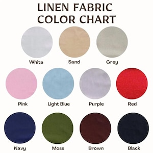 May include: A linen fabric color chart featuring the text LINEN FABRIC COLOR CHART at the top. It displays eleven circular swatches in white, sand, grey, pink, light blue, purple, red, navy, moss, brown, and black, each labeled with its color name.