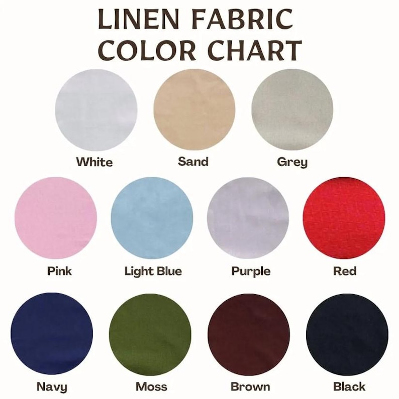 May include: A linen fabric color chart featuring the text LINEN FABRIC COLOR CHART at the top. It displays eleven circular swatches in white, sand, grey, pink, light blue, purple, red, navy, moss, brown, and black, each labeled with its color name.