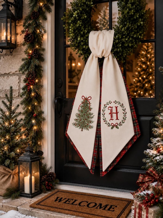 Embroidered Personalized Christmas Bow Tree Wreath Sash, Monogram Letter Embroidered Linen Winter Embroidery Sash Door Decor